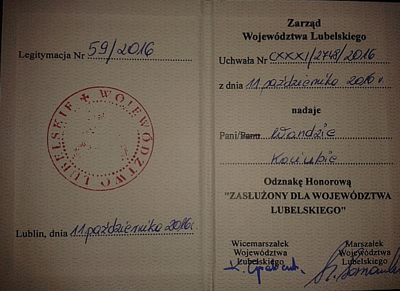 Odznaka honorowa "Zasłużony dla Województwa Lubelskiego" dla Wand Kociuby