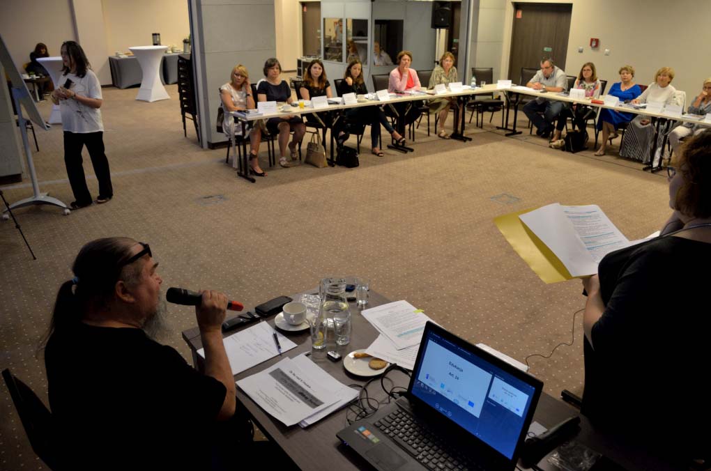 Widok na salę konferencyjną zza stanowiska eksperta. Uczestnicy usadzeni w podkowie dookoła sali.