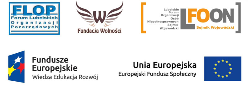 Związek Stowarzyszeń Forum Lubelskich Organizacji Pozarządowych w partnerstwie z Fundacją Wolności oraz Lubelskim Forum Organizacji Osób Niepełnosprawnych – Sejmik Wojewódzki realizują projekt pt. „Lubelskie Gwarancje na START - monitoring jednostek administracji publicznej w województwie lubelskim pod kątem dostosowania do postanowień Konwencji ONZ o prawach osób niepełnosprawnych” WND-POWR.02.06.00-00-0037/16, współfinansowany przez Unię Europejską w ramach Europejskiego Funduszu Społecznego stopka